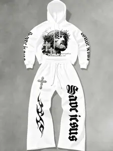 Men's Jesus Graphic Print Hoodie Set, Streetwear Fleece Lined Sweatshirt + Waist Drawstring Wide Leg Pants, Casual Fall & Winter