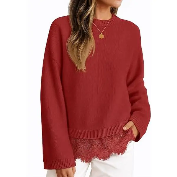 ZESICA Women's Fall Winter Sweaters Long Sleeve Lace Trim Pullover Tops | 2026 Casual Crew Neck Sweater, Loose Soft Knitted Jumper Tops, Work Office Vacation Outfits, Spring Fall Trendy Clothes