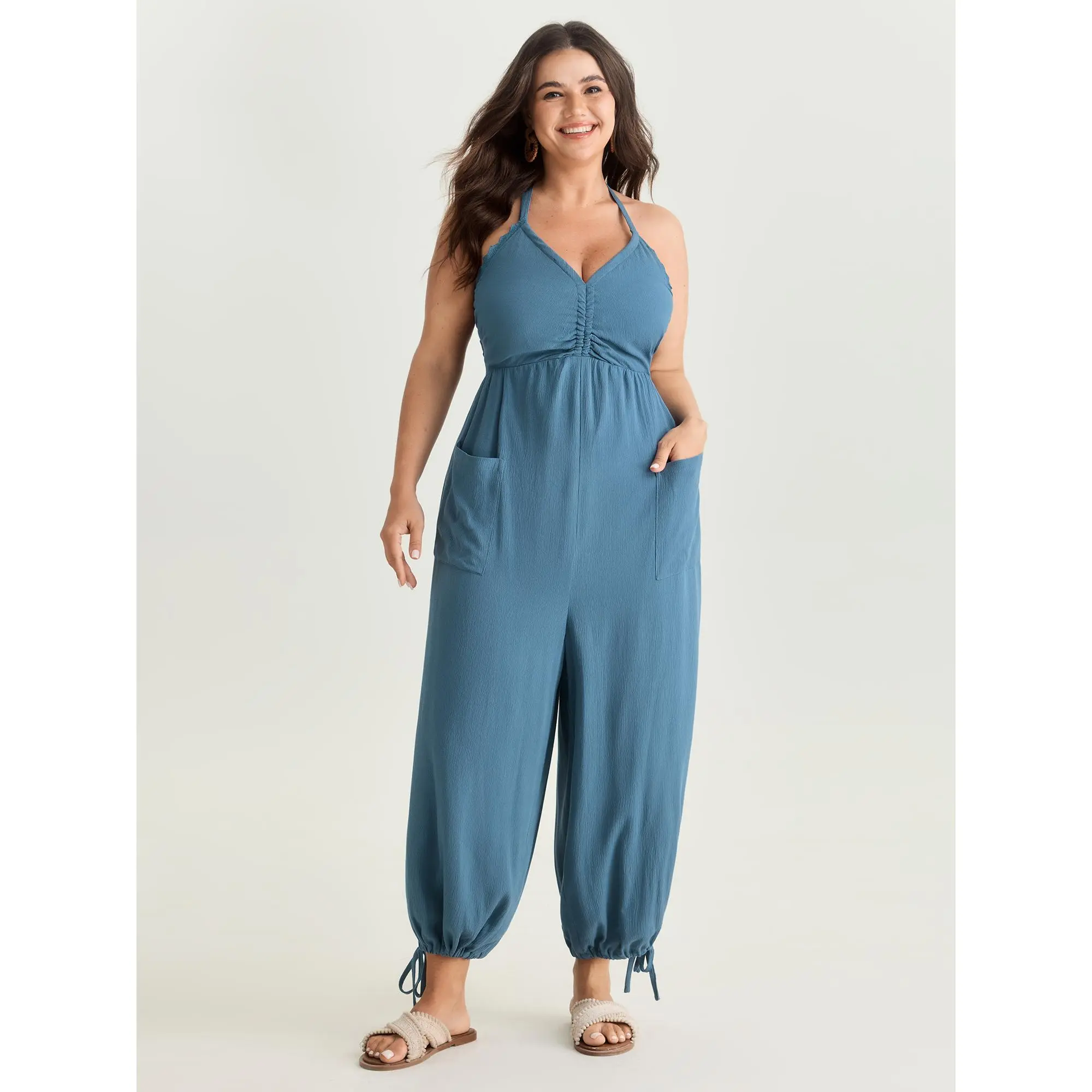 BloomChic Women's Plus Size Fitted Casual Overalls Jumpsuit - Smooth Solid Rayon Garment, Boho Vibe, Ruched Front, Crisscross Tie, Patch Pocket, Regular Length, Long Sleeve
