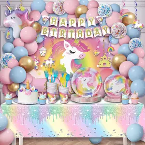Unicorn Birthday Decorations for Girls Unicorn Party Supplies Kit All in One Birthday Decor Set Birthday Party with 12 Tableware Sets Banner Backdrop Ballons Paper Plates Unicorn Foil Balloon