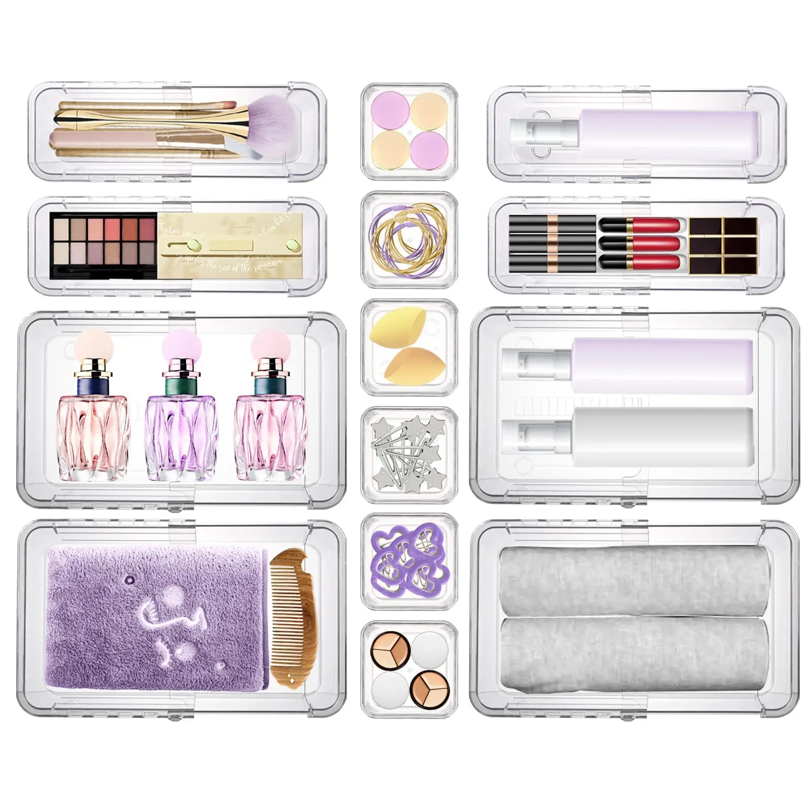 14 Pcs Clear Drawer Organizer, Adjustable Drawer Storage Box, 3-Size Desk Drawer Organizer, Storage Bins for Makeup, Cosmetic, Kitchen Utensils, Bedroom Dressers Tool Organizer for Gadgets