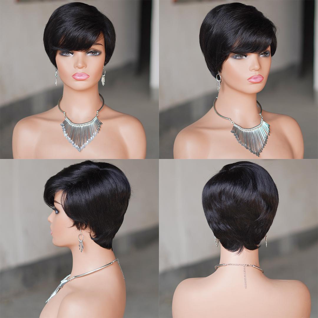 "Glueless Short Pixie Cut Wig With Bangs 180% Density Brazilian Virgin Human Hair P1B/99J 6 Inch Layered Natural Look Full Machine Made Wig Caps For Daily Party & Salon Use "	