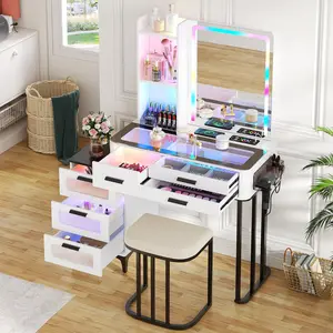 MiuVanity Set with 24-Color RGB Lights, Wireless Charging, HD Mirror, 6-Drawer Chest & Big Storage Furniture Organizing - Modern，for Christmas