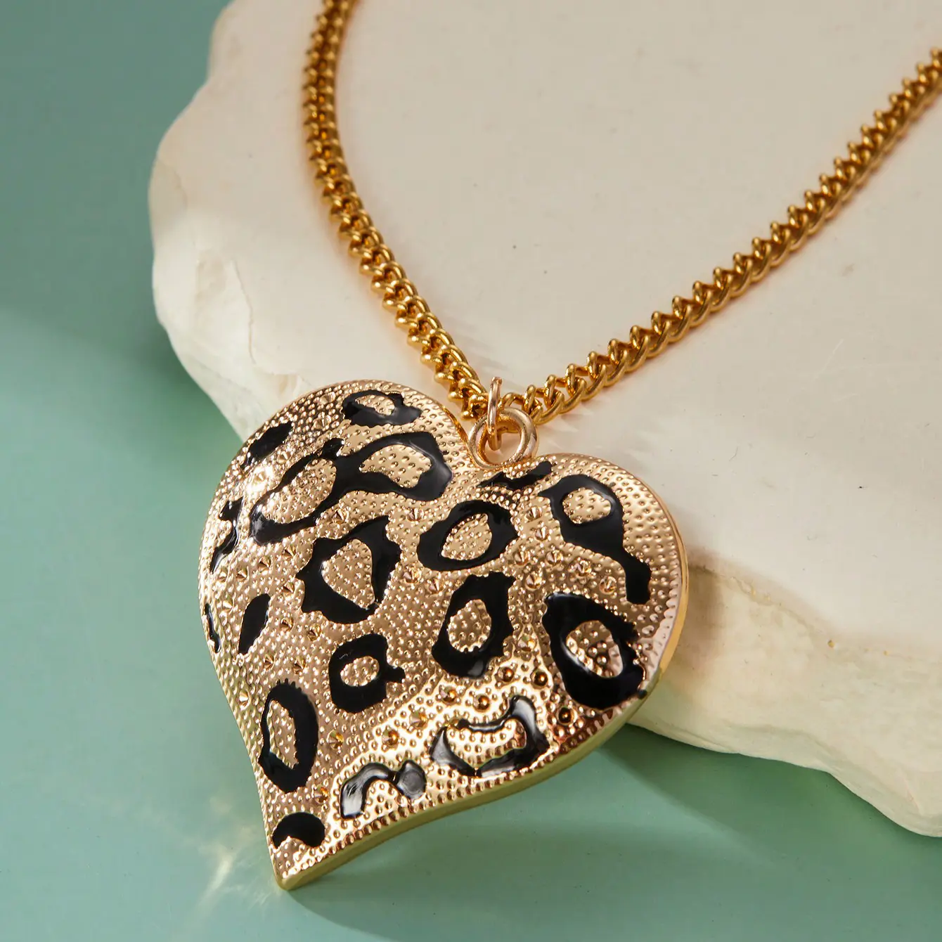 MaxBling81 Necklace, Unisex Leopard Print Stainless Steel Heart Pendant with 22" Long Cuban Link Chain for Daily Wear, 35mm x 40mm, Leopard Heart