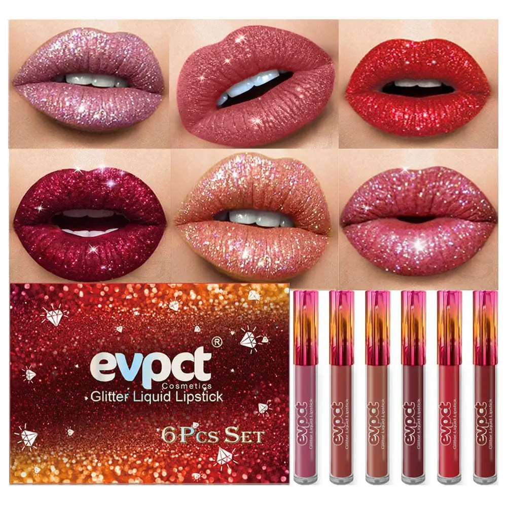 6Pcs Matte to Glitter Liquid Lipstick Long Lasting Lip Set Kit,6 Color Diamond Dark Red Pink Purple Mauve Glitter Sparkly Glossy Metallic Shimmer Sparkle Waterproof Lipstick Lip Gloss for Women Makeup Daily Gentle Cosmetic