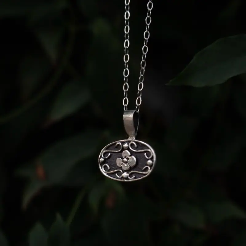 Handmade Sterling Silver Swirly Flower Necklace: Shadow Box Pendant, 16 inch Chain