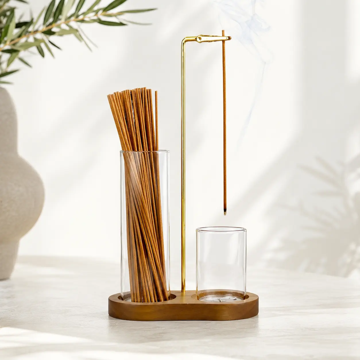 2 in 1 Wooden Incense & Candle Holder, Aromatherapy Diffuser Incense Burner with Removable Glass Ash Collector, Stylish Woody Decor for Bedroom Living Room, Premium Fragrance Accessory & Thoughtful Gift (Holder Only, No Incense Included)