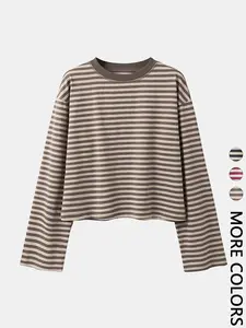 Women's Minimalist Striped Casual Long Sleeve Sweatshirt Top Knitwear, Loose-Fit Kint Fabric Knit, All Seasons Wear, Moderate Thickness
