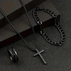 3PCS Cuban Chain Jewelry Set for Men - Stainless Steel Necklace, Bracelet & Ring