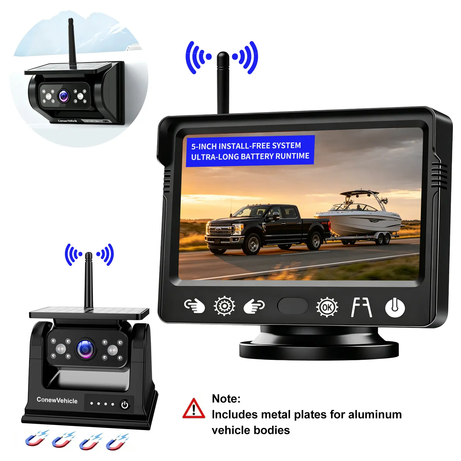 ConewVehicle Magnetic Solar Wireless Backup Camera with 5" Compact Monitor, 1080P HD Touch Button, Easy Installation (1-Min Setup), Flexible Mounting, Portable Design, Solar Panel, IR Night Vision, Waterproof for Trailer/Truck