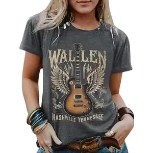 Women's Guitar Print Round Neck Tee Nashville Tennessee Wallen Nashville Tennessee Soft Fabric Machine Washable Casual Short Sleeve Crew Neck T-shirt for Spring Fashion