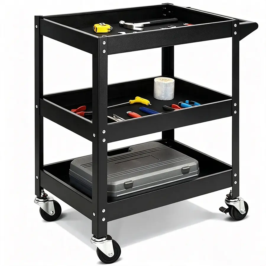 3 Tier Heavy Duty Rolling Tool Cart, Industrial Steel Service Cart for Garage, Workshop, Warehouse, 330LBS Capacity, Black Mechanics Tool Trolley with Wheels and Handle