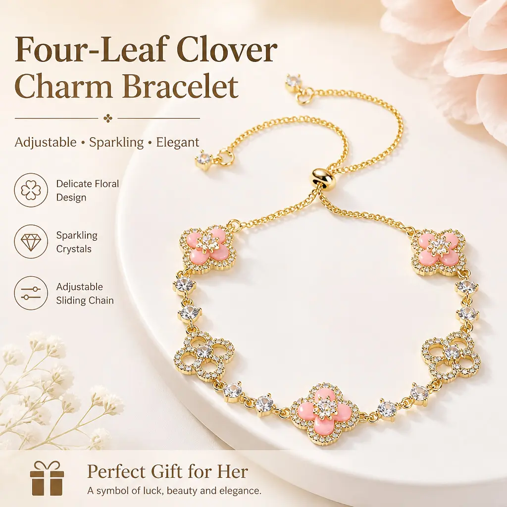 Adjustable push-pull four-leaf clover full-diamond bracelet with exquisite petal design, versatile for daily commuting, elegant and stylish