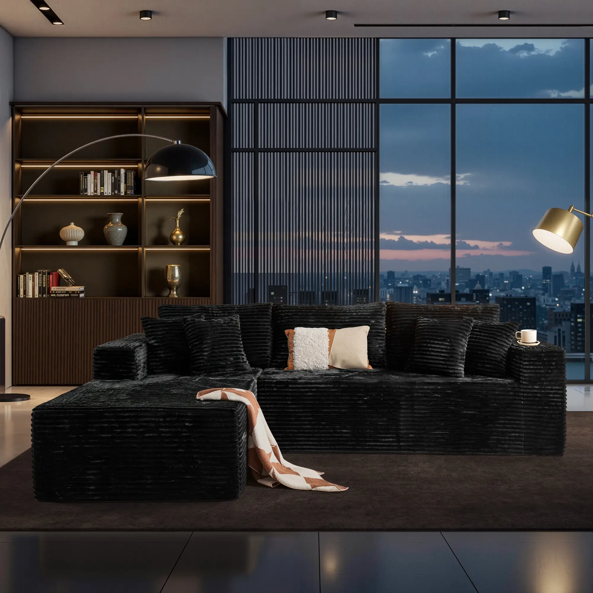 Black Corduroy Left Chaise Without Ottoman