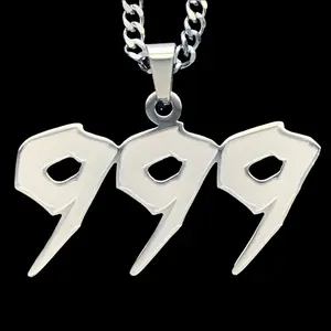 WRLD Triple 999 Necklace 1.25" Etched & Polished Juice Pendant in Solid 316L Surgical Stainless Steel Laser Carved Satin Finish Mirror Quality Shiny Reflective Surface Choice of Chain Free Gift Included