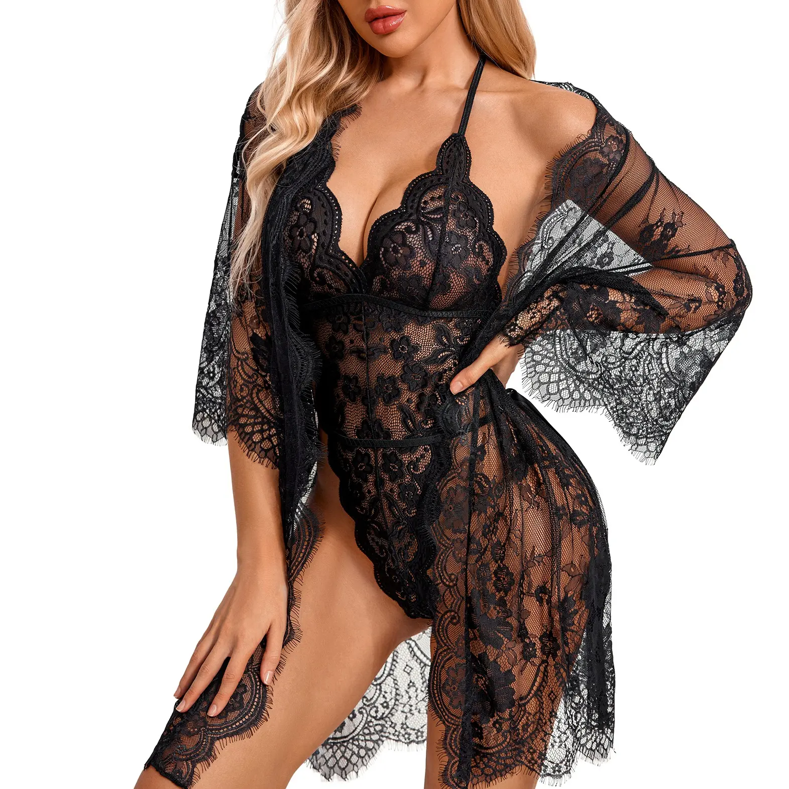 Avidlove Women Hot Lingerie Set 2 Piece Lace Kimono Robe with Womenwear Lace Lingerie Bodysuit