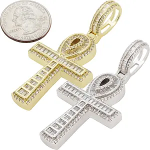 14k Yellow/White Gold Plated AAA Cubic Zirconia Ankh Cross Pendant