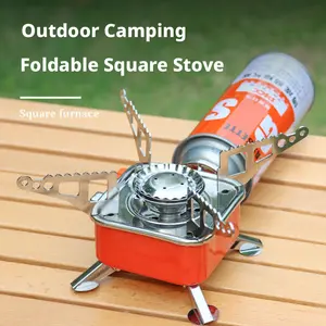 Outdoor camping portable folding cassette stove mini square gas stove windproof picnic water boiling equipment with long gas canister