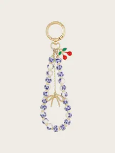 Ceramic Keychain with Bow Cherry Pendant, Blue-And- Porcelain Bead Bag Charm, Casual Style, All Seasons Accessory