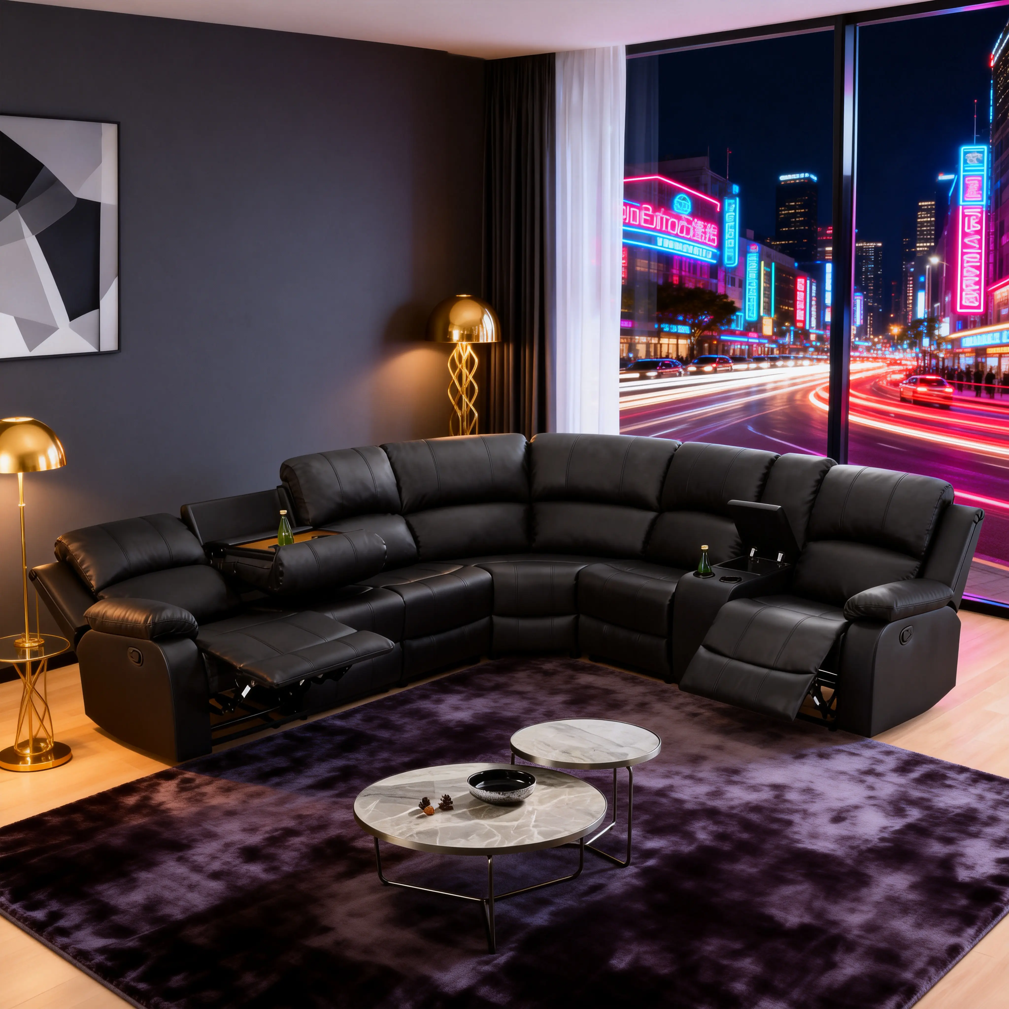 Black 3-Piece Modern Recliner Functional Sofa Set - Durable Semi-PU Leather Indoor Living Room Wood Furniture, Full-Sized Comfy Human-Made Couch with Storage Organizer, Large Mirror, 3 Multiple Lights, Stylish Design, Assembly Required