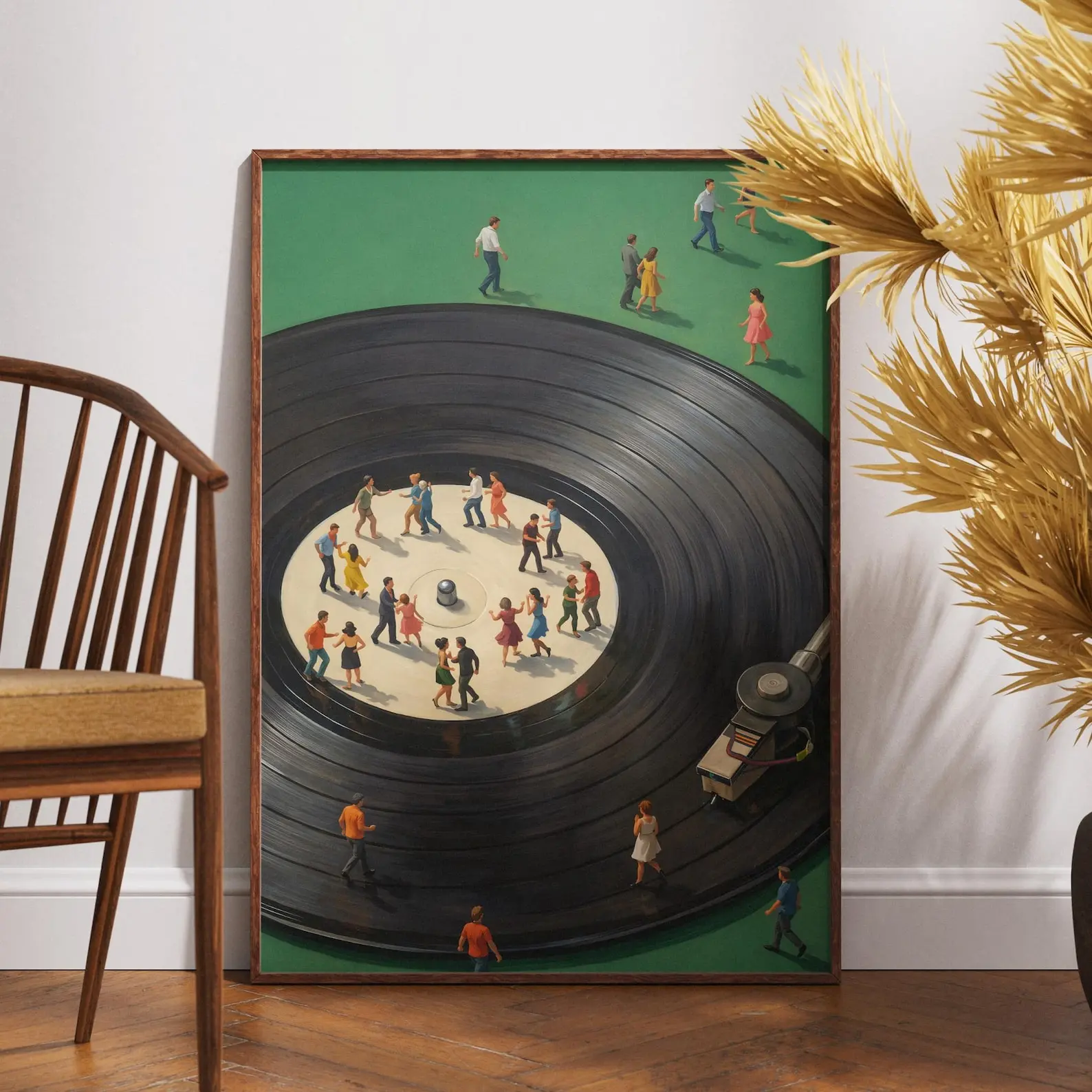 Vintage Vinyl Record Player Wall Art Print, Retro Turntable Dancers Poster, Mid Century Music Decor, Music Lover Gift, Unframed