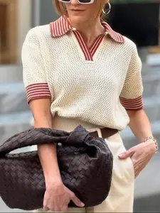 Women's Spring Summer Hollow Out Polo Neck Knitted Sweater Knitwear, Stylish Casual Wear, Perfect for Daily Use, Comfortable and Trendy
