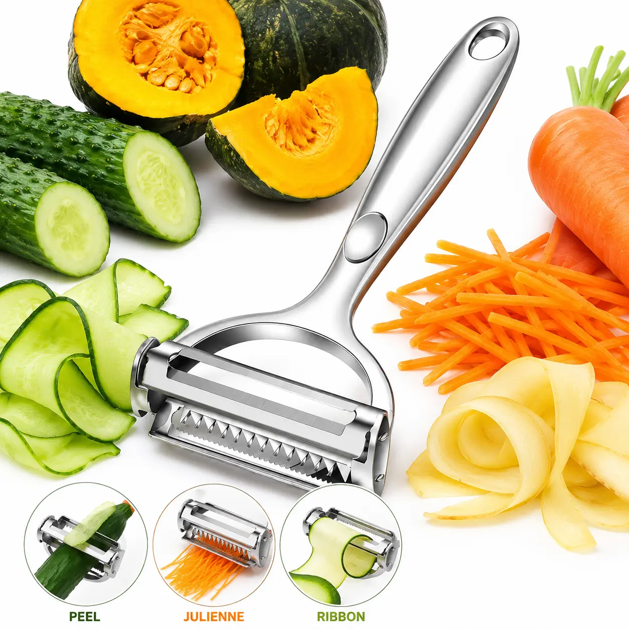 2-in-1 Vegetable Peeler and Julienne Peeler, Stainless Steel Y Peeler for Potato, Carrot, Cucumber, Cabbage, Fruit and Kitchen Prep