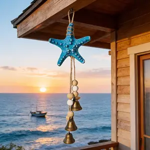 Coastal Resin Starfish Decorative Wind Chime with Bells, Nautical Beach Decor, Blue Starfish, Wooden Beads, Rustic Metal Bells, Ocean-Themed Home Decor