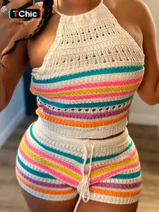 Women's Striped Print Co-ord Set, Matching Clothing Set, Casual Halter Neck Sleeveless Backless Crop Top & Drawstring Waist Shorts Set for Summer, Ladies Clothes for Daily Wear, Fit