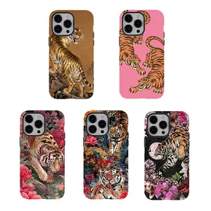 Vintage Chinese Tiger Flower Non-Magnetic Smartphone Case - Chinese Aesthetic Dual-Layer Rubber-Polycarbonate Cover, Shockproof Durable Wireless-Friendly Handheld Device Accessory for iPhone 8-17, Samsung Series, Ideal Custom Gift for Her