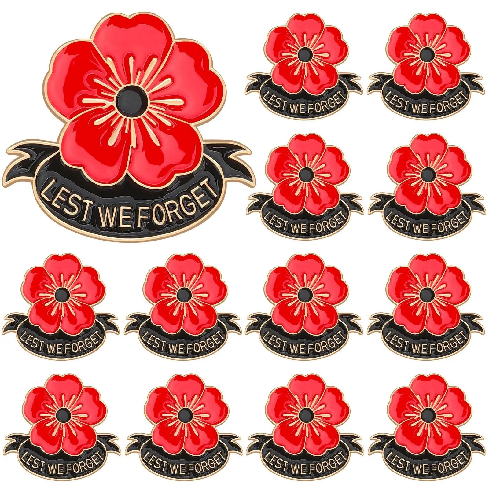 Poppy Flower Brooch Pins Set of 15 | Memorial Day Lapel Pin | Lest We Forget Enamel Badge
