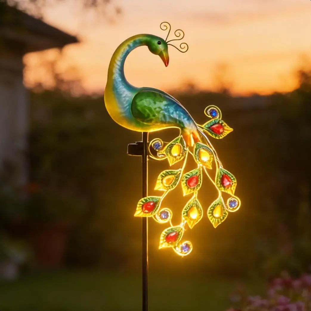 Solar Peacock Garden Stake Light, Metal Peacock Decor with Colorful LED Tail, Outdoor Yard Patio Lawn Ornament, Waterproof Solar-Powered Landscape Lighting for Garden Decoration