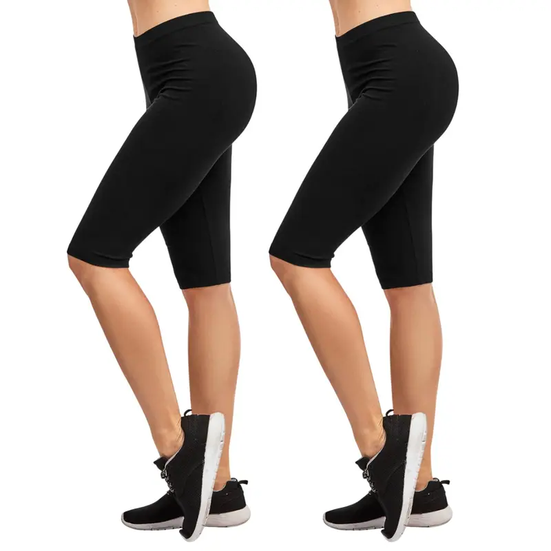 Women's 2-Pack Cotton Blend Biker Shorts - High Waisted, Knee Length, No See-Through, Tummy Control, Breathable Comfy Active Athletic Bottoms - All Season Gym Workout Shorts
