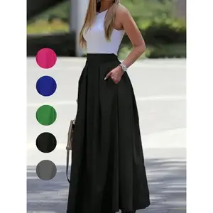 Women’s plain pleated A-line skirt, casual long summer skirt with pockets and an elastic waistband, ladies’ bottoms for daily wear (gift).