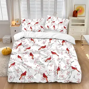Three-piece bedding set Fresh Cardinals berry red bird branch print (1 set +2 pillowcases, no core), personalized bedding, suitable for high-end bedrooms of various size to meet different needs