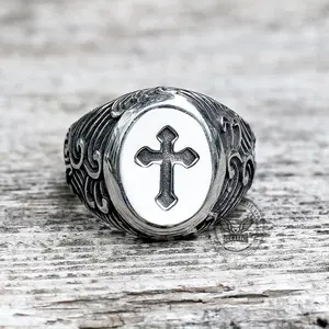 GTHIC Wave Pattern Budded Cross Stainless Steel Ring Fashion Jewelry Birthday Gifts For Men Women