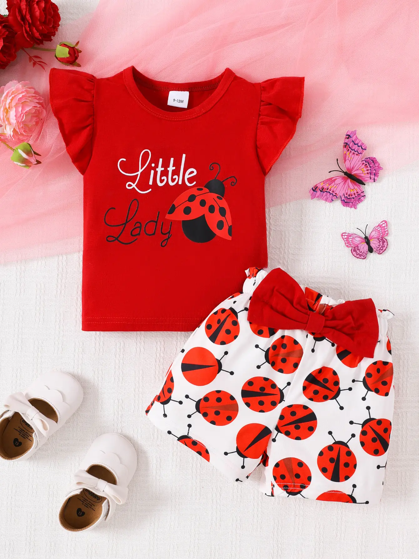 Baby girl's summer red short sleeved top "Little Lady" with ladybug print, ruffled sleeves paired with printed shorts with red bow decoration, cute baby outfit outfit