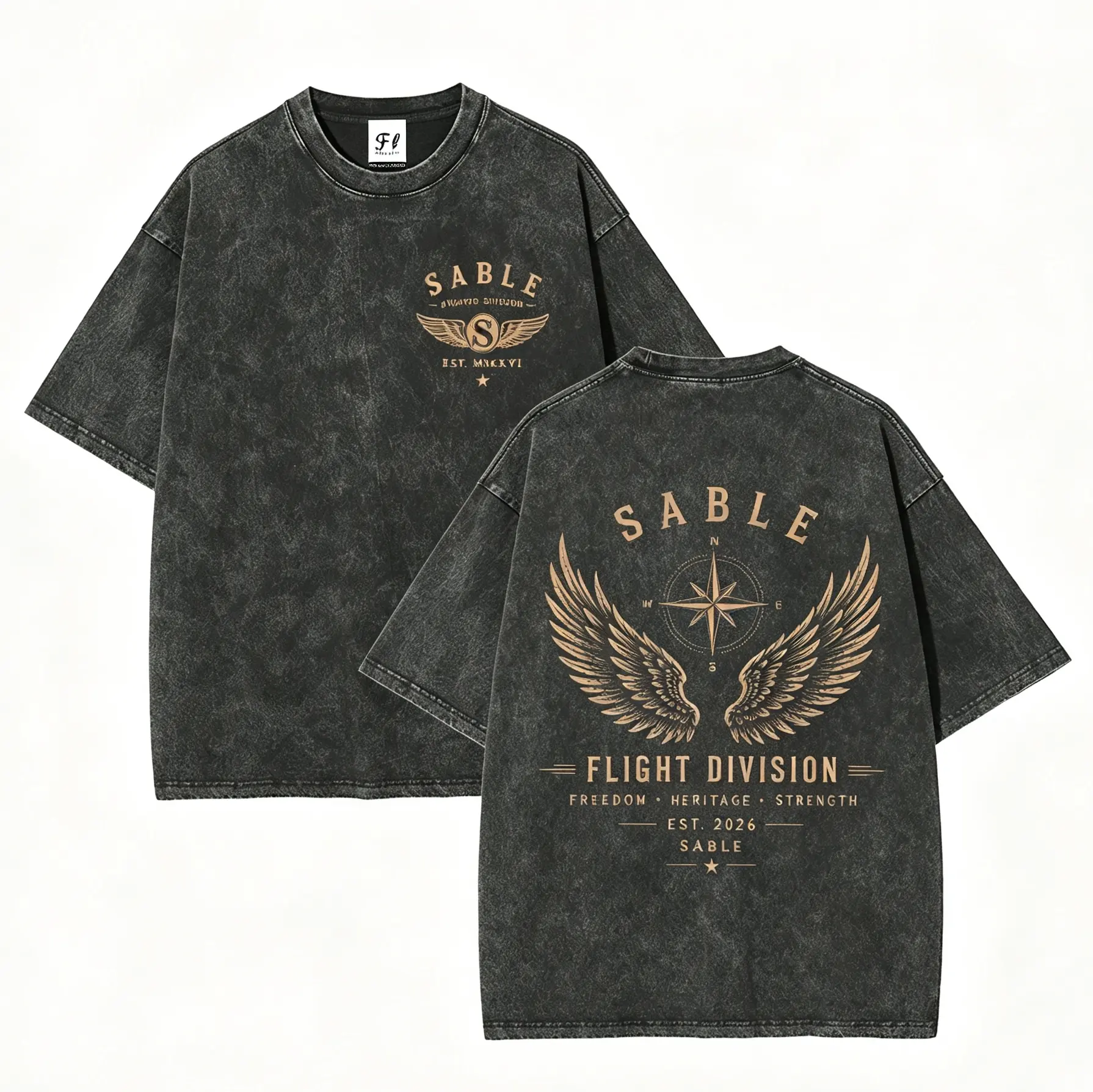 Unisex Vintage Washed Wings Graphic T-Shirt, Oversized Compass Back Print Crew Neck Tee, Retro Aviation Streetwear Casual Top
