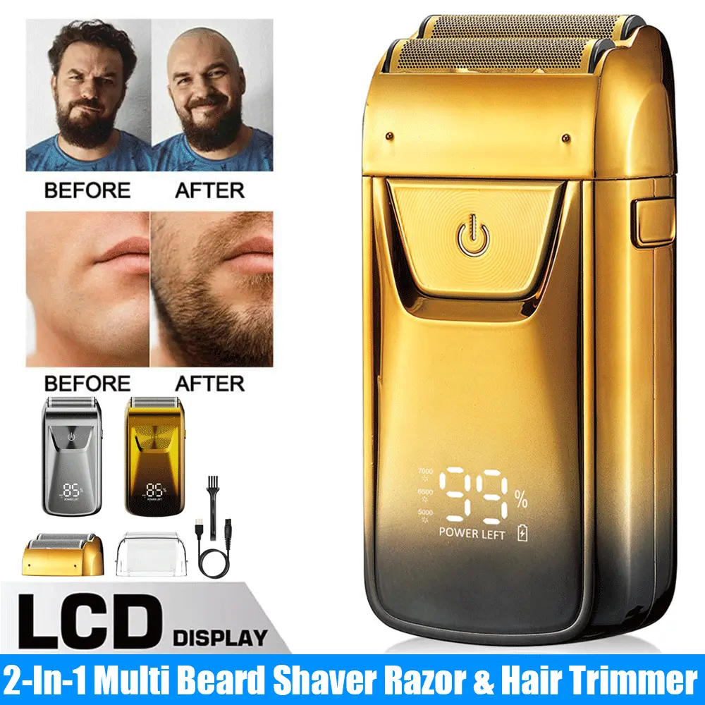 2-in-1 Electric Razor Blade Head Shaver Trimmer Wet/Dry Men's Beard Foil Shaver USB Electric Shaver Razor Strong Reciprocating Trimmer Machine twin shaver men Brush Gold, Portable Beard Shaver
