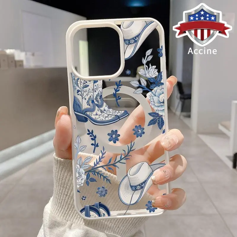 Magnetic  Case for iPhone 15 Pro 16 16e 14 Plus 13 12 Mini 11 Promax X XS Max XR XSMax Cowboy Elegance Floral Hard Acrylic Back Soft TPU Edge Four Corners Bumper Shockproof Cover Shell Gift for Boy