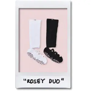 The Rosey Duo: White & Black Rose Ballet Grippy Socks Set for Women's Shoe Sizes 36-42 with Full Coverage Silicone Sole and Cushioned Heel Toe