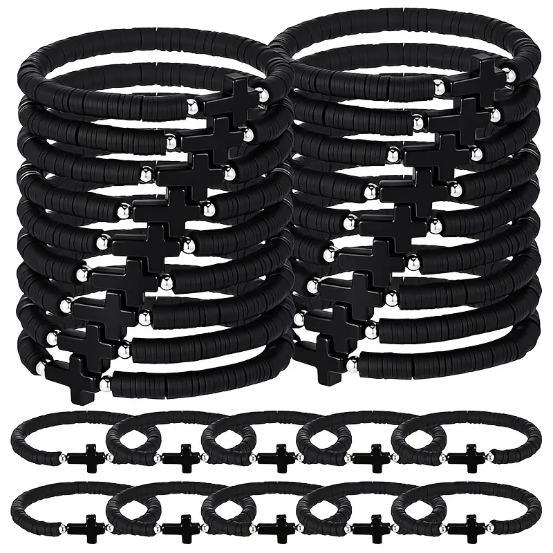 Women's 30pcs Black Polymer Clay Bead Cross Bracelets - Handmade Unisex Elastic Religious Wristbands, Bulk Matching Sets for Everyday Wear, Party Use, Elastic Bands, Handmade Elastic Bands