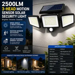 Solar Outdoor Lights 2500LM 210LED Security Lights,3 Heads Dimmable SpotLights with 3 Modes,IP65 Waterproof,Suitable for Yard, Garage, Porch, Pool,Garden,Barn,Patio,Mother's Day gift