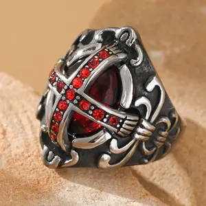 Men's Gothic Retro Domineering Red Synthetic Zircon Cross Shape Geometric Stainless Steel Ring - Party Wear Accessory, Father's Day Gift,summerwins