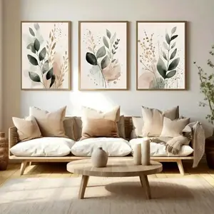 3 Pieces Optional Wooden Frame Bohemian Abstract Nordic Herb Green Leaf Canvas Painting Wall Poster Modern Living Room And Interior Home Decor Corridor Entryway Wall Embellishment High Gram Weight Thickened Wall Painting