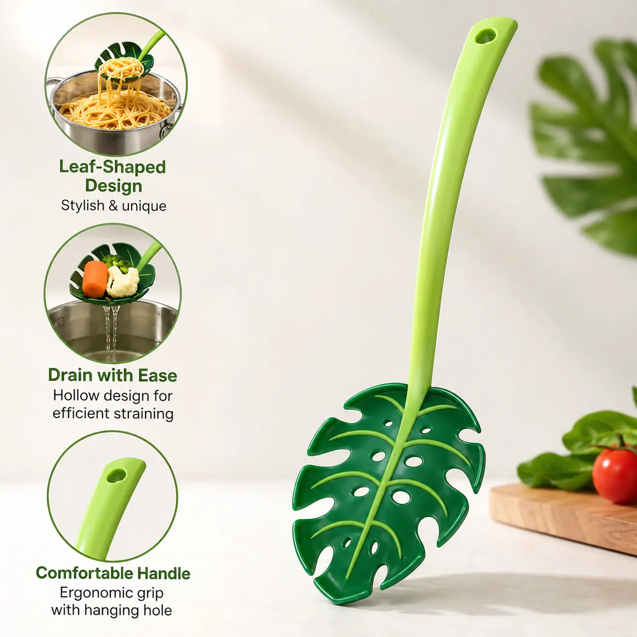 2 Counts, Monstera Leaf Shaped Slotted Strainer Spoon, Long Handle Food Skimmer for Kitchen Cooking Draining Pasta and Vegetables