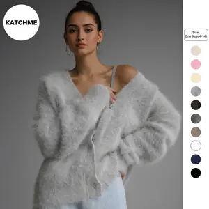 KatchMe Women's Elegant V Neck Fluffy Long Sleeve Button-Up Cardigan, Cozy Outerwear for Fall & Winter, Drop Shoulder Loose Outfits