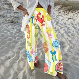 Summer Ocean-themed Printed Pants, Elastic Waistband, Yellow and White Striped Color-blocking Design, A Must-have for Vacations.