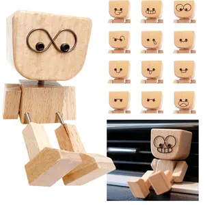 Handcrafted Shaking Wooden Man Figurine, Funny Car Dashboard Decor & Desktop Ornament with 12PCS Magnetic Expressions