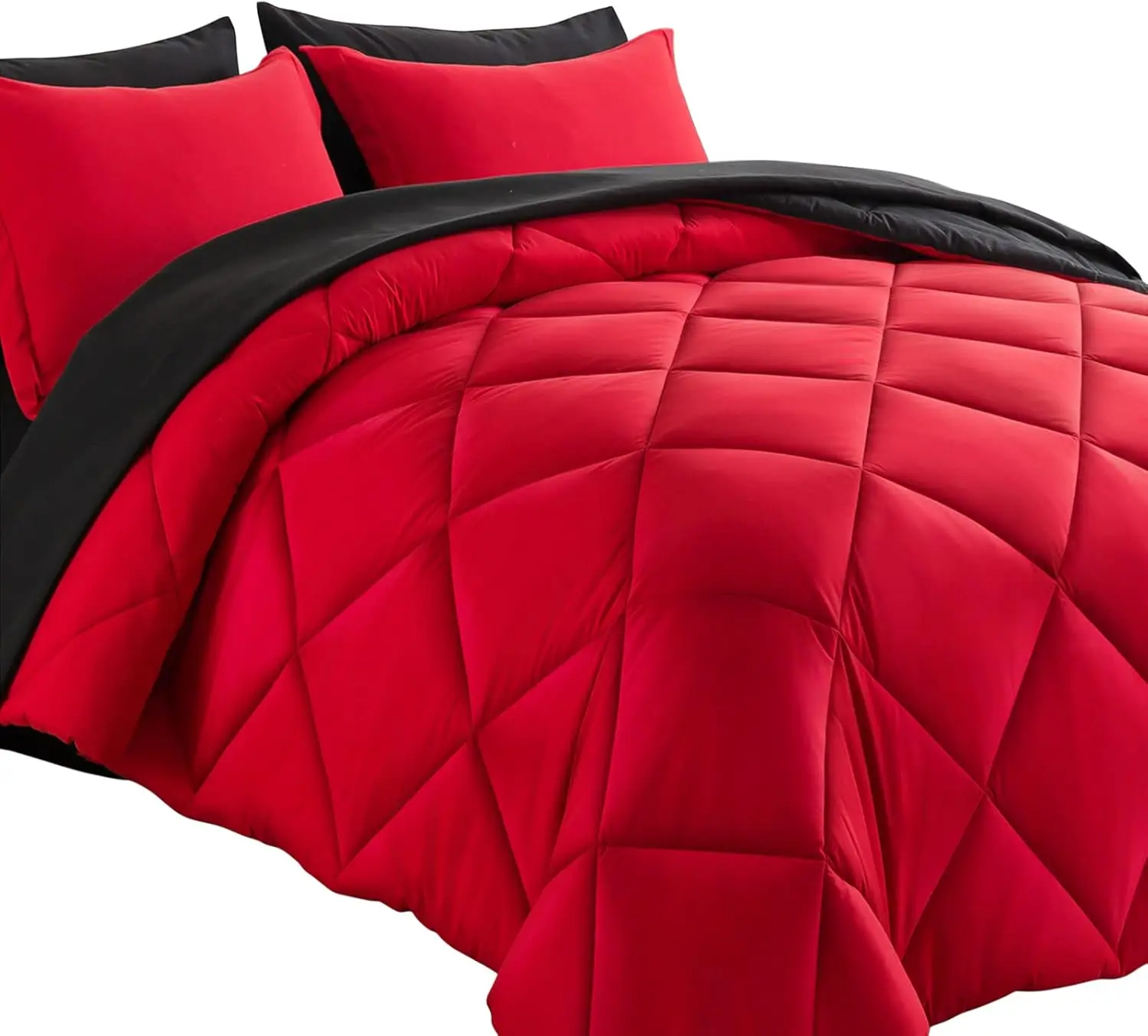 Bed in a Bag  Reversible Comforter Sets 7 count  Season Down Alternative Bedding Sets Red and Black with Comforter, Pillow Shams, Flat Sheet, Fitted Sheet and Pillowcase